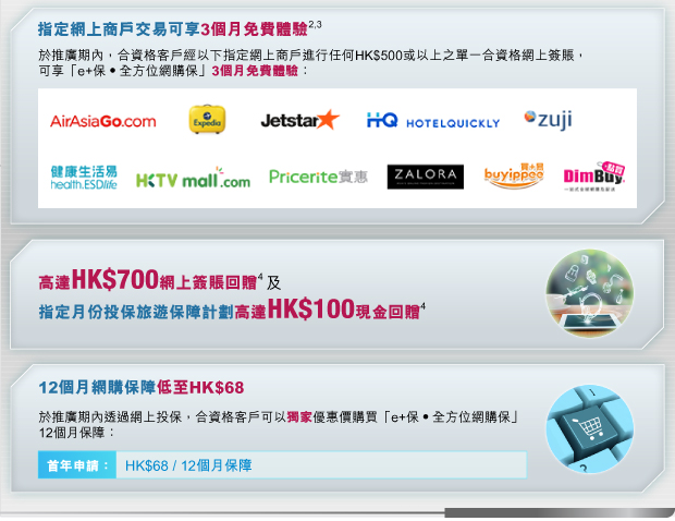 指定網上商戶交易可享3個月免費體驗
高達HK$700網上簽賬回贈
12個月網購保障只需HK$68