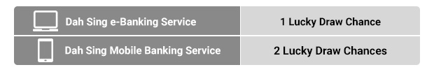 Dah Sing e-Banking Service - 1 Lucky Draw Chance. Dah Sing Mobile Banking Service - 2 Lucky Draw Chances