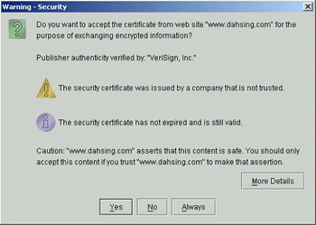 Security warning dialog box