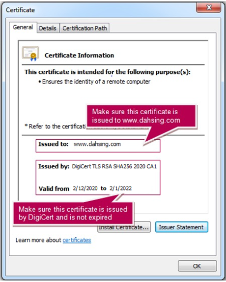 Sample screen shot of Internet Explorer's certificate for Dah Sing e-Banking