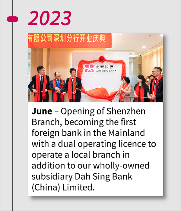 2023 June Opening of Shenzhen Branch, becoming the first foreign bank in the Mainland with a dual operating licence to operate a local branch in addition to our wholly-owned subsidiary Dah Sing Bank (China) Limited.  