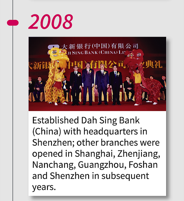 2008 Established Dah Sing Bank (China) with headquarters in Shenzhen; other branches were opened in Shanghai, Zhenjiang, Nanchang, Guangzhou, Foshan and Shenzhen in subsequent years.