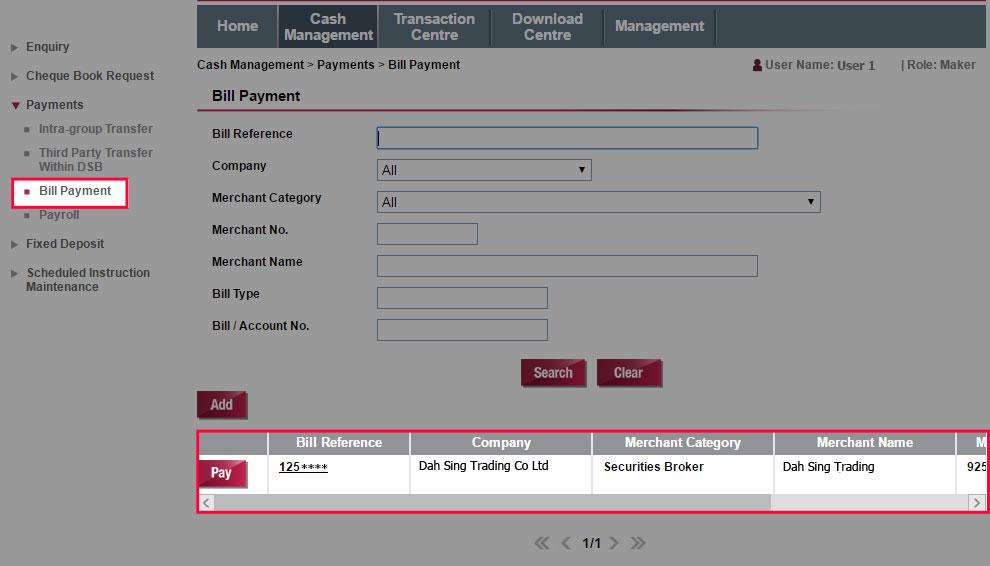 Select Bill Payment. Then select a bill to be paid and click Pay.