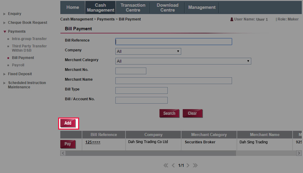 You can also add new bill for payment by clicking Add.