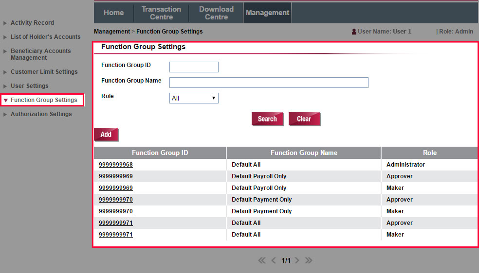 Select Function Group Settings. You can search the required Function Group ID or select an Function Group ID from the list.