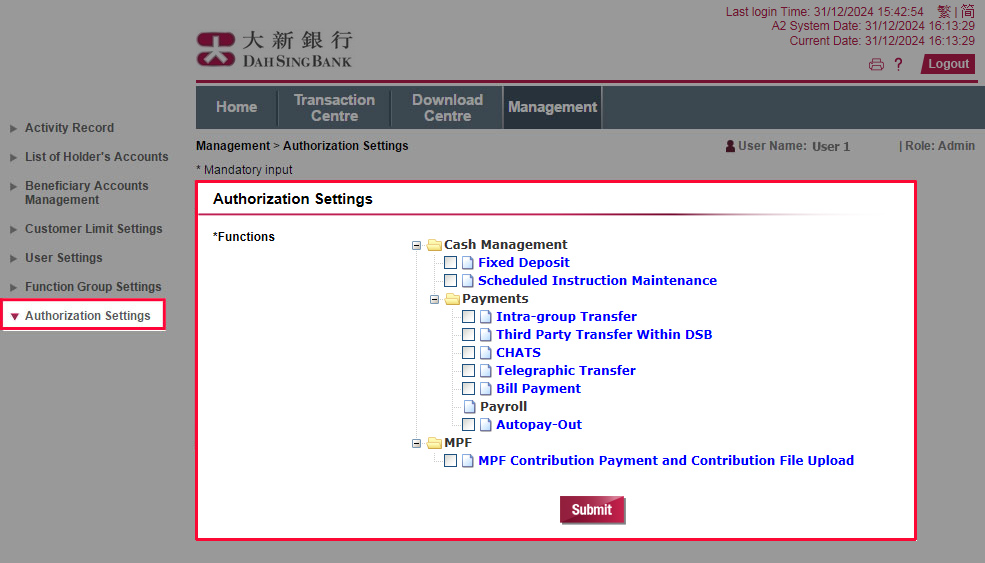 Click Authorization Settings. Choose from the list to view and amend the authorization settings of different types of instructions. 