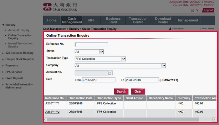 Check the transaction detail of FPS Collection on Online Transaction Enquiry.