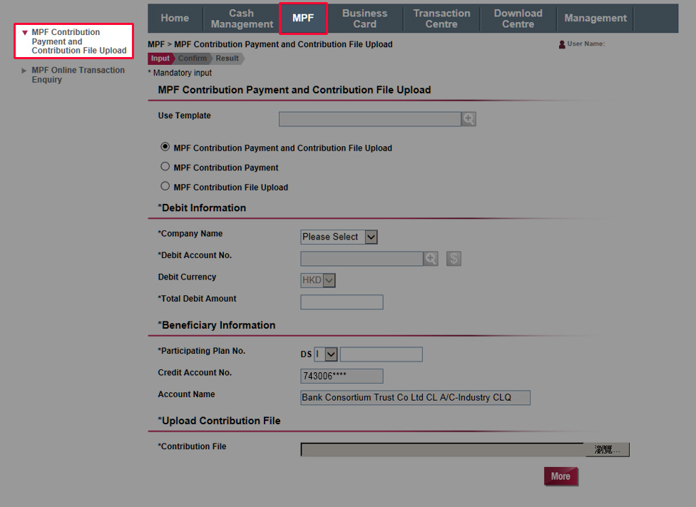 Select MPF > MPF Contribution Payment and File Upload for uploading the MPF contribution file or making contribution payment.