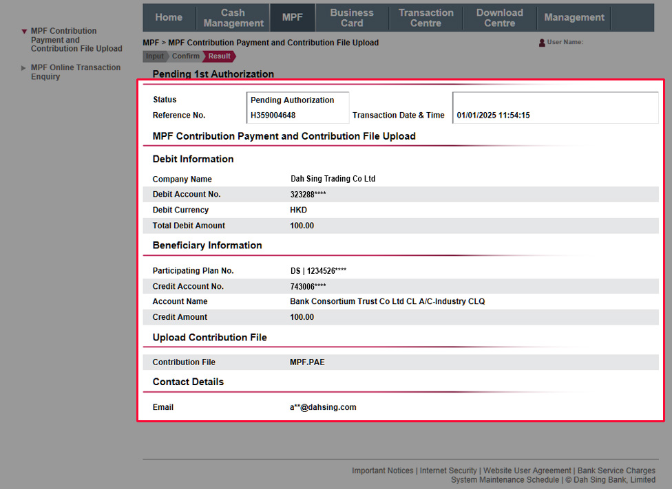 The instruction has been submitted successfully and will be processed upon final approval by the Approver.