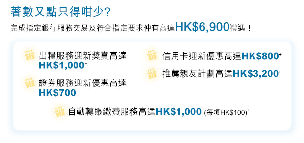 著數又點只得咁少?完成指定銀行服務交易及符合指定要求仲有高達HK$6,900禮遇！