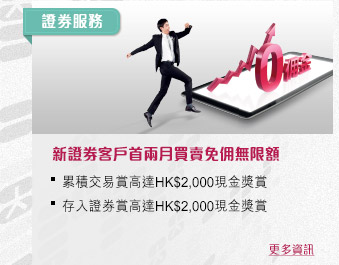 新證券客戶首兩月買賣免佣無限額
累積交易賞高達$2,000現金獎賞
VIP銀行服務客戶存入證券賞高達$2,000現金獎賞