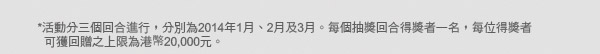 *活動分三個回合進行，分別為2014年1月、2月及3月。每個抽獎回合得獎者一名，每位得獎者可獲回贈之上限港幣20,000元。