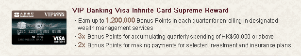 VIP Banking Visa Infinite Card Supreme Reward
• Earn up to 1,200,000 Bonus Points in each quarter for enrolling in designated wealth management services
• 3x Bonus Points for accumulating quarterly spending of HK$50,000 or above
• 2x Bonus Points for making payments for selected investment and insurance plans