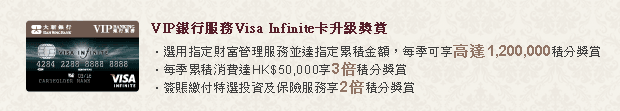 VIP銀行服務Visa Infinite卡升級獎賞
• 選用指定財富管理服務並達指定累積金額，每季可享高達一百二十萬積分獎賞
• 每季累積消費達HK$50,000享3倍積分獎賞
• 簽賬繳付特選投資及保險服務享2倍積分獎賞