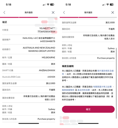 確定匯款指示，請小心確認交易詳情