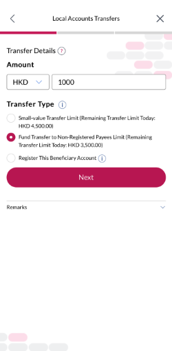 Enter the transfer amount and then select fund Transfer to Non-Registered Payees Limit.