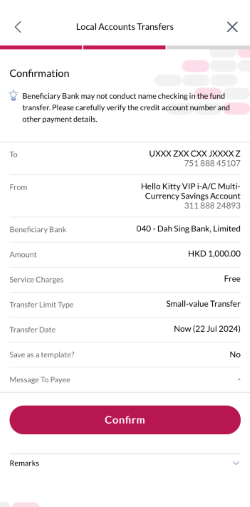 Confirm the details of the instruction, please carefully verify the credit account number and other payment details.