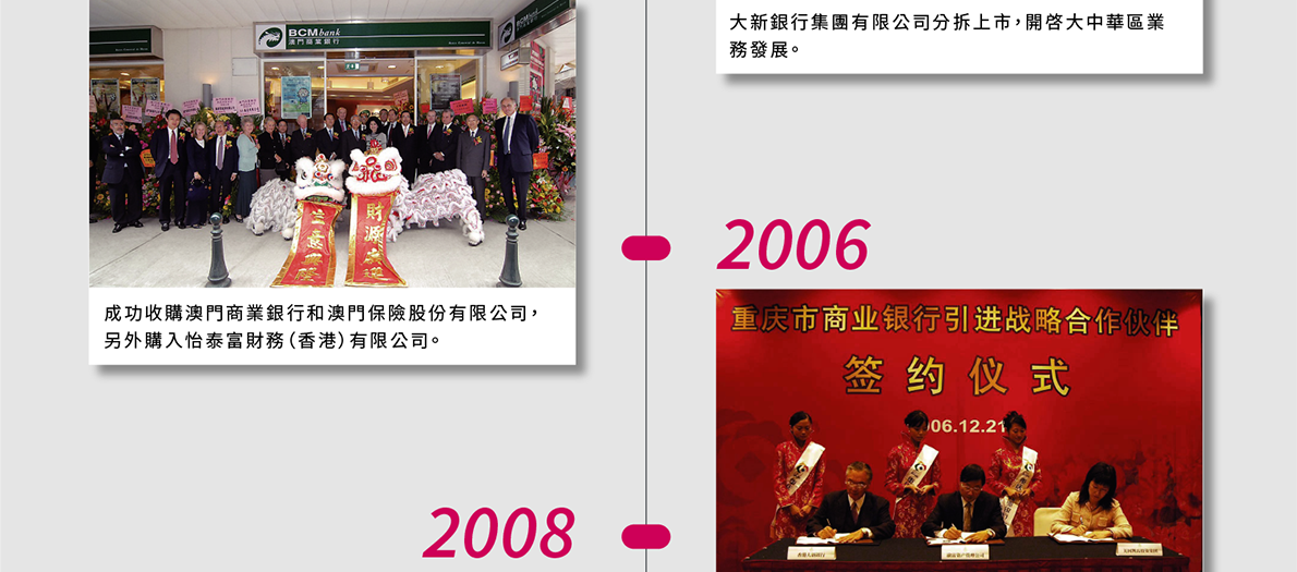 2005年，成功收購澳門商業銀行和澳門保險股份有限公司，另外購入怡泰富財務（香港）有限公司。2006年，入股重慶銀行成爲策略性股東。