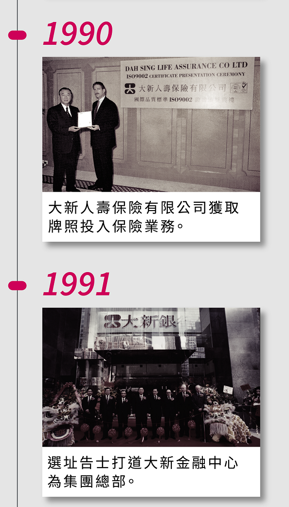 1990年，大新人壽保險有限公司獲取牌照投入保險業務。1991年，選址告士打道大新金融中心爲集團總部。