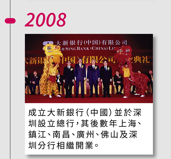 2008年，成立大新銀行（中國）並於深圳設立總行，其後數年上海、鎮江、南昌、廣州、佛山及深圳分行相繼開業。
