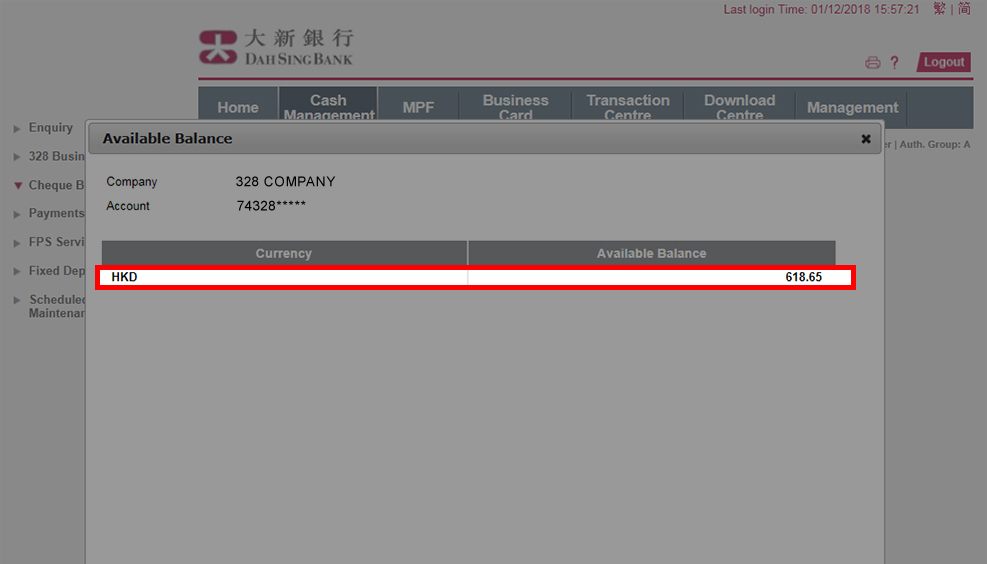 Check the available balance of the selected account.