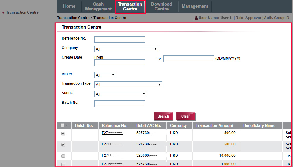 All the instructions which are pending for approval are displayed in Transaction Centre. You can search by Reference number, Company Name, Creation Date or Transaction Type. After search results are displayed, click the corresponding Reference No. to view the details for individual transaction