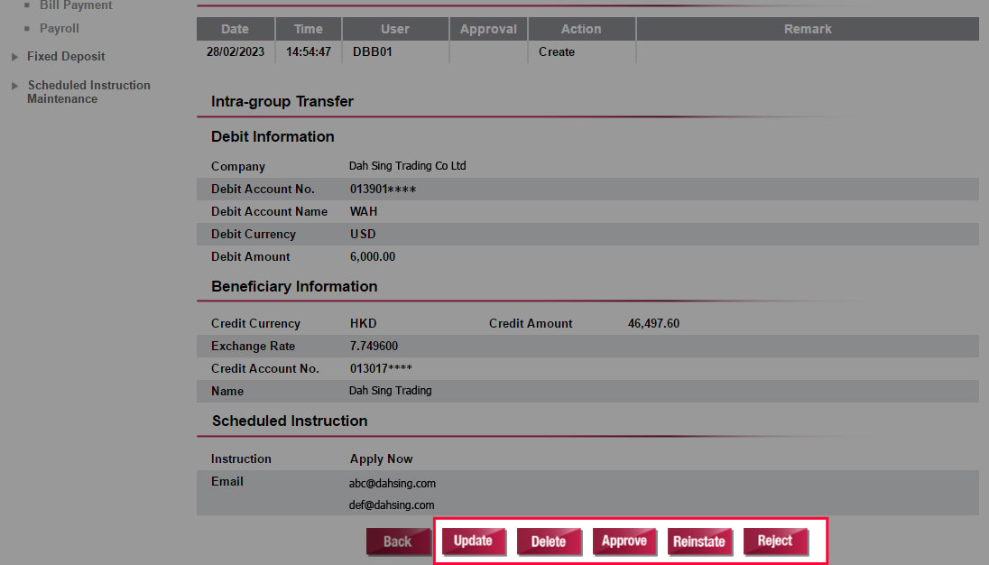 You can Update, Delete, Approve, Reinstate or Reject the instruction.