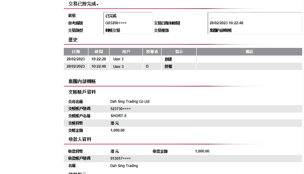 成功完成授權,交易指示將被處理。