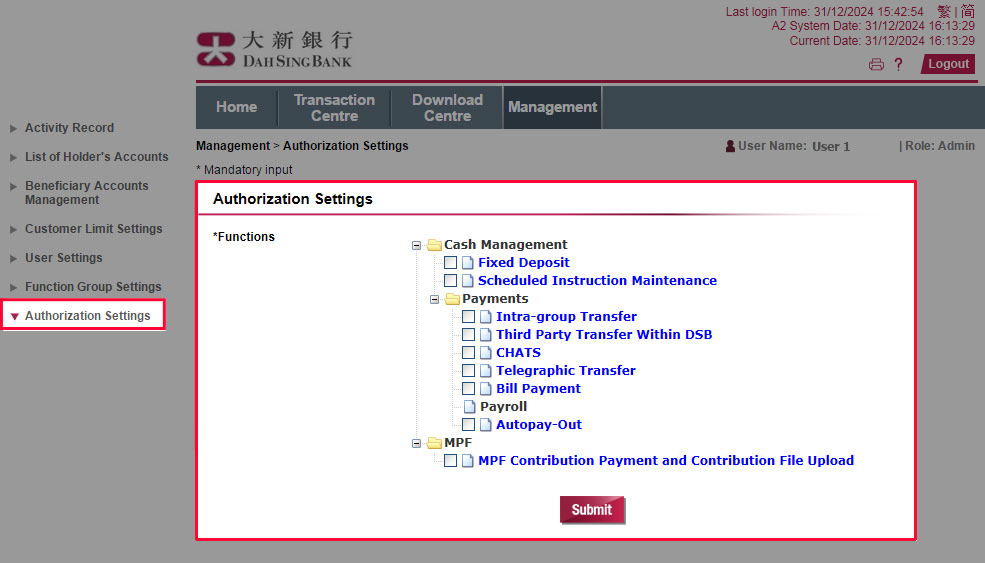 Click Authorization Settings. Choose from the list to view and amend the authorization settings of different types of instructions.