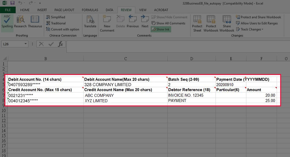 Enter the payment information in the file and then save the file.  If you download CSV file template, please open the file with Notepad for editing and save the file in CSV format for uploading. Note: Please add the Bank Code 040 to the beginning of the Originator Account number.