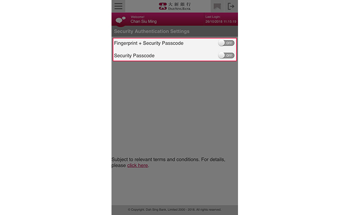 Turn on the relevant switch in the Settings menu to activate the desired Security Authentication service.