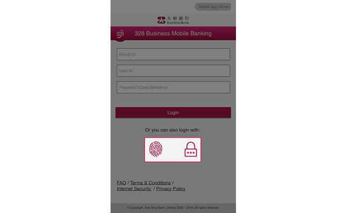 You can log into 328 Business Mobile Banking using another authentication method you have registered for by tapping the authentication icons.
