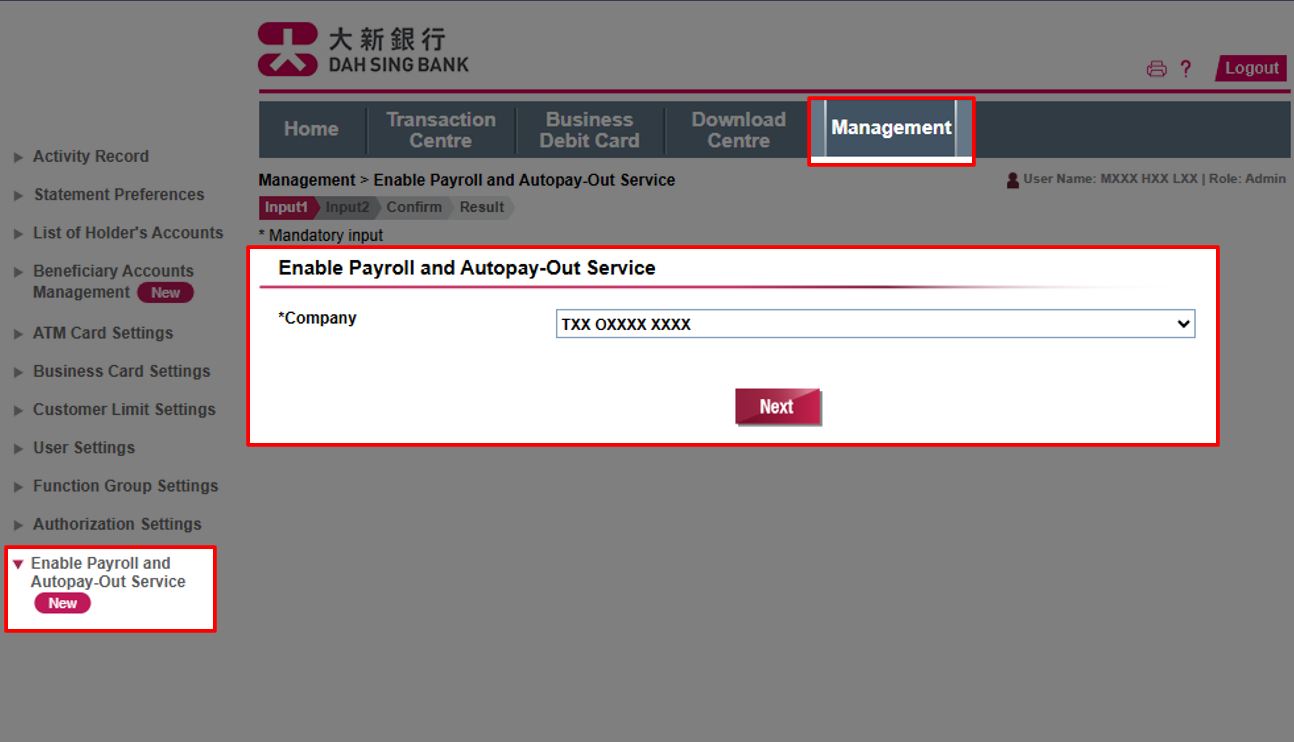 Under Management, click Enable Payroll and Autopay-Out Service.  Select company, then click Next to proceed.