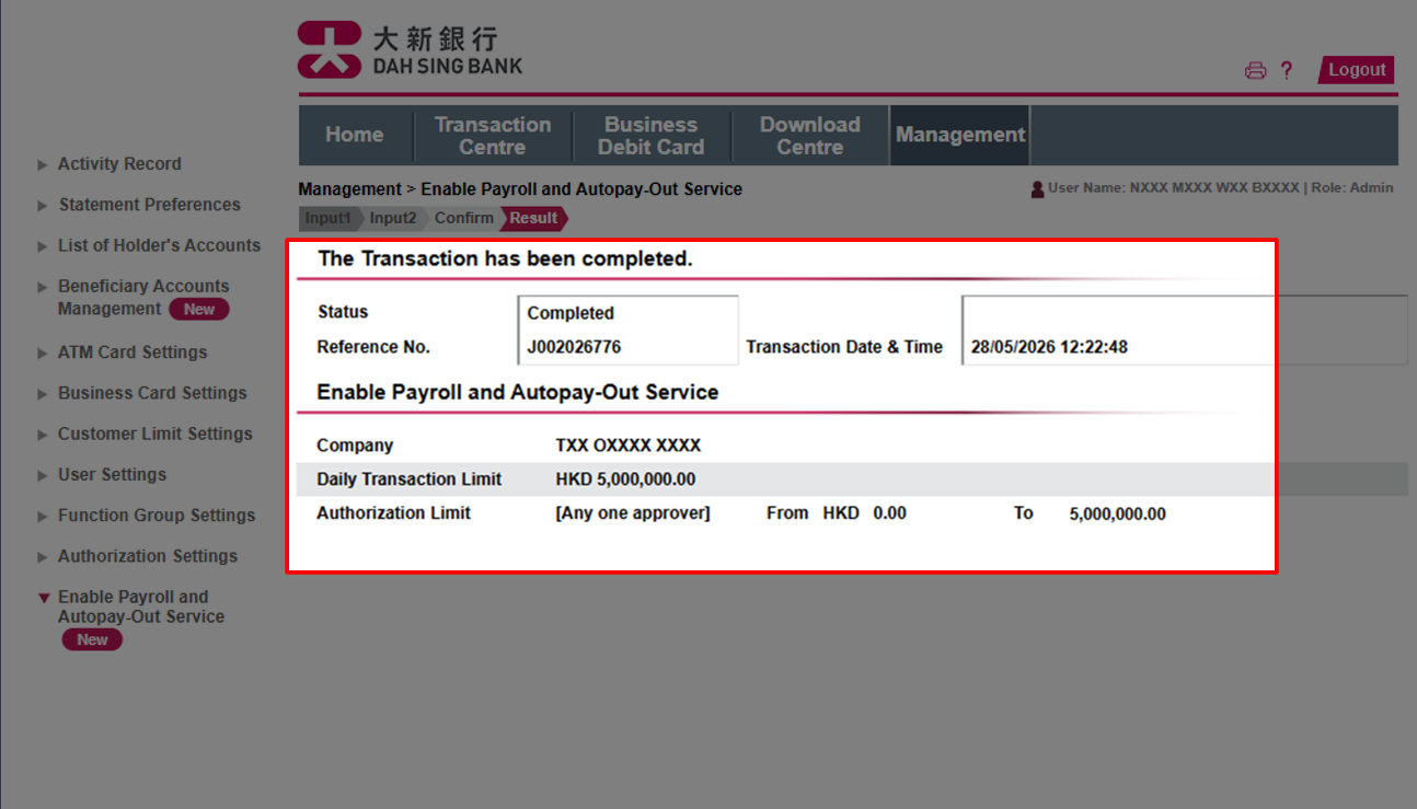 You have successfully enabled Payroll and Autopay-Out Service.