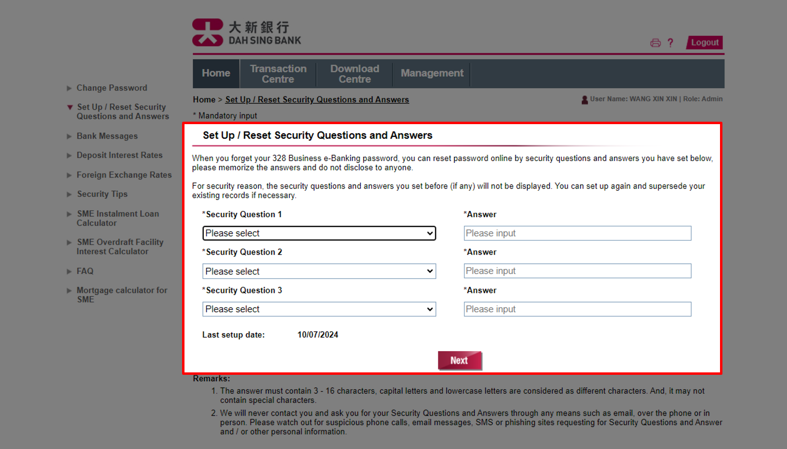 Set Up / Reset Security Questions and Answers