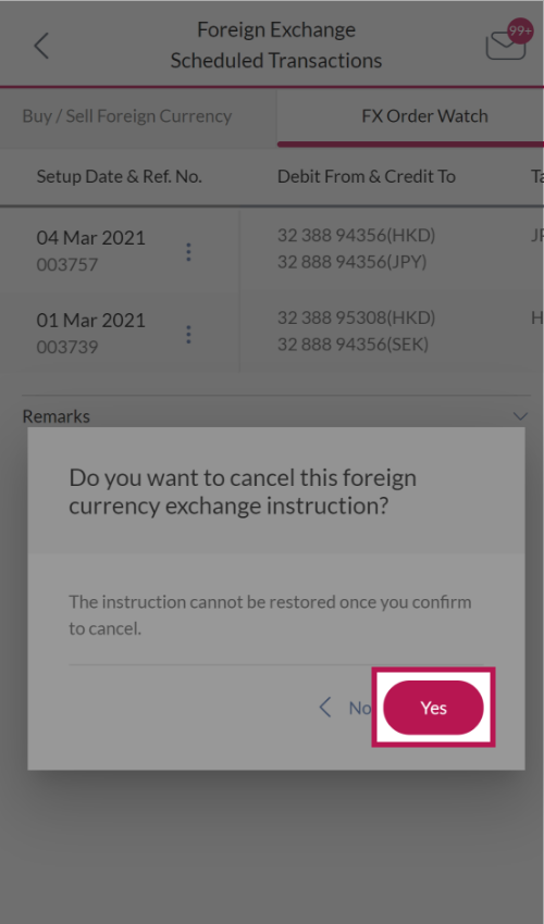 Confirm the instruction to be cancelled.