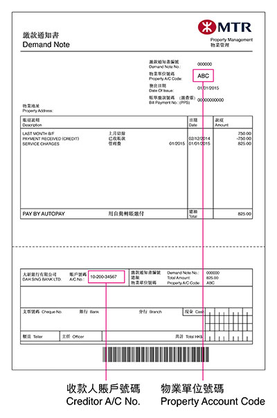 「收款人賬戶號碼」及「物業單位號碼」列印在港鐵住宅管理費通知書上。