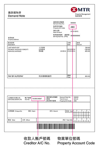 "Creditor A/C No." and "Property Account Code" are printed on the MTR residential property management fee's demand note.